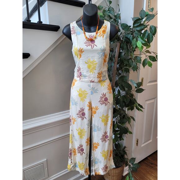 Zara Jumpsuit Girls Size 13/14 Multicolor Sun Print Linen Blend Cropped - Picture 1 of 15